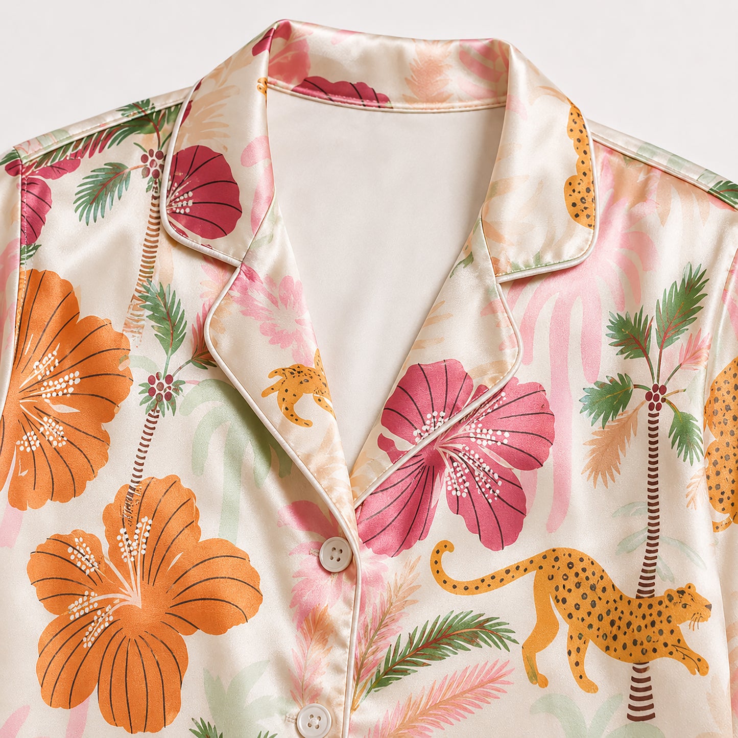 PJ-484-Satin Safari Pajama Apparel, Elegant Hibiscus Layout Loungewear Sleepwear Collection Top Bottom Garments