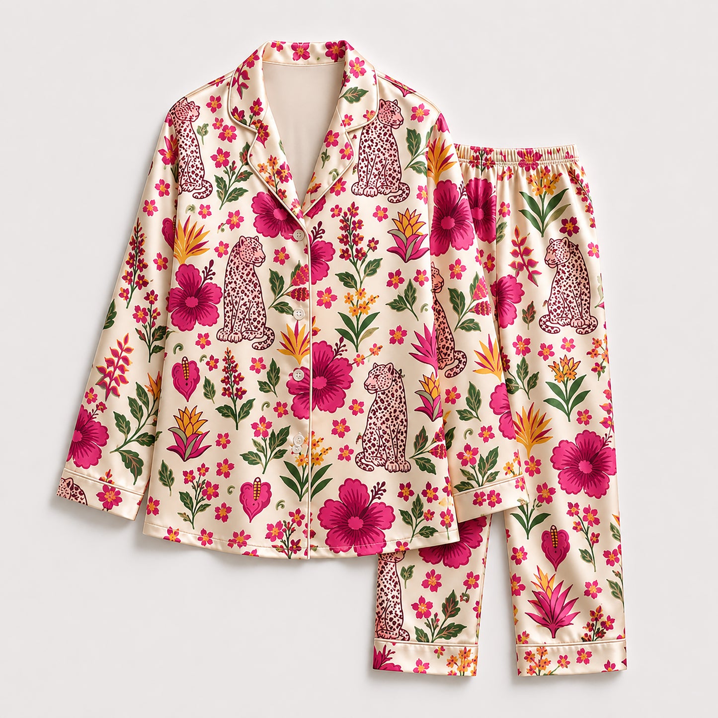 PJ-485-Satin Leopard Pajama Apparel, Floral Botanical Pattern Loungewear Sleepwear Collection Top Bottom Raiment