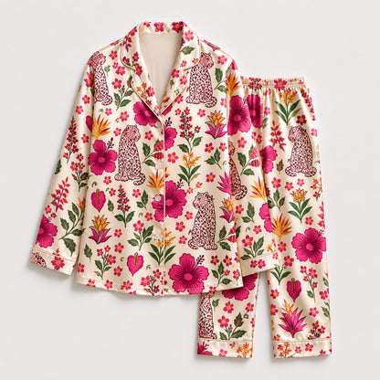 PJ-485-Satin Leopard Pajama Apparel, Floral Botanical Pattern Loungewear Sleepwear Collection Top Bottom Raiment