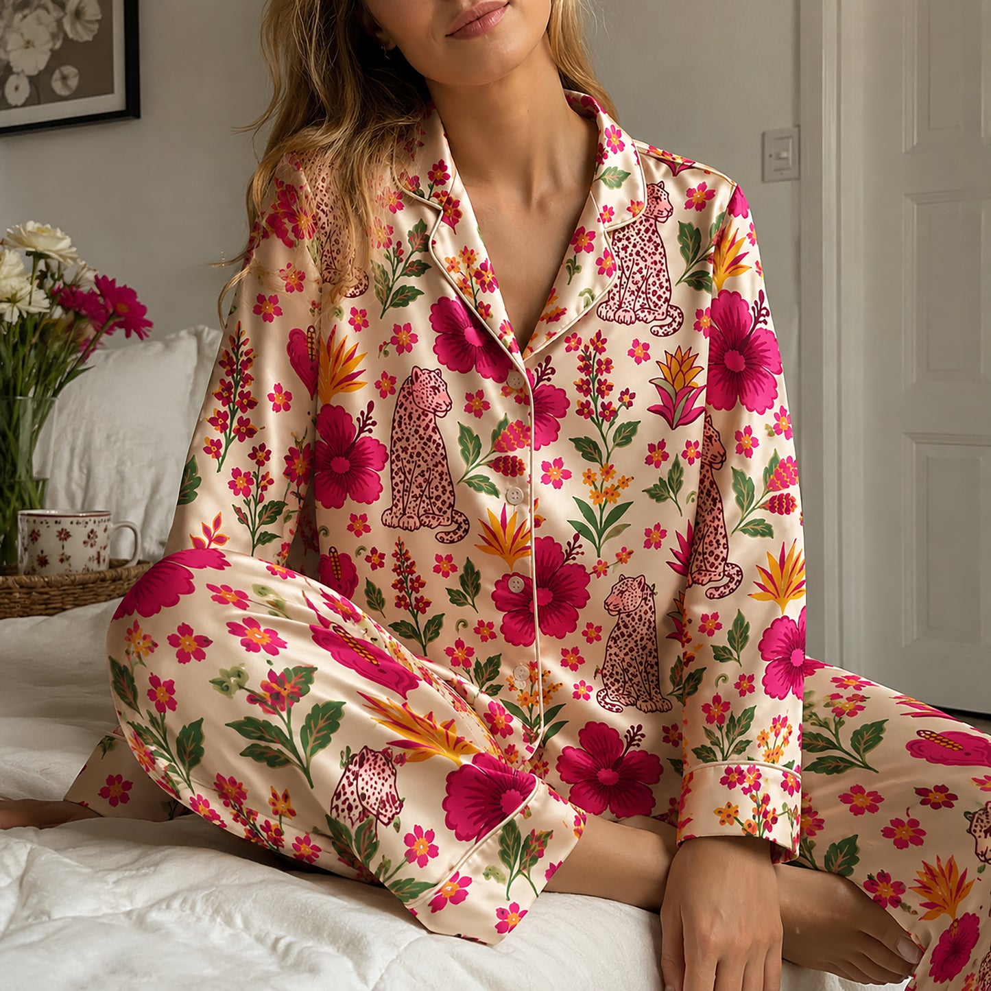 PJ-485-Satin Leopard Pajama Apparel, Floral Botanical Pattern Loungewear Sleepwear Collection Top Bottom Raiment
