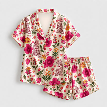 PJ-485-Satin Leopard Pajama Apparel, Floral Botanical Pattern Loungewear Sleepwear Collection Top Bottom Raiment