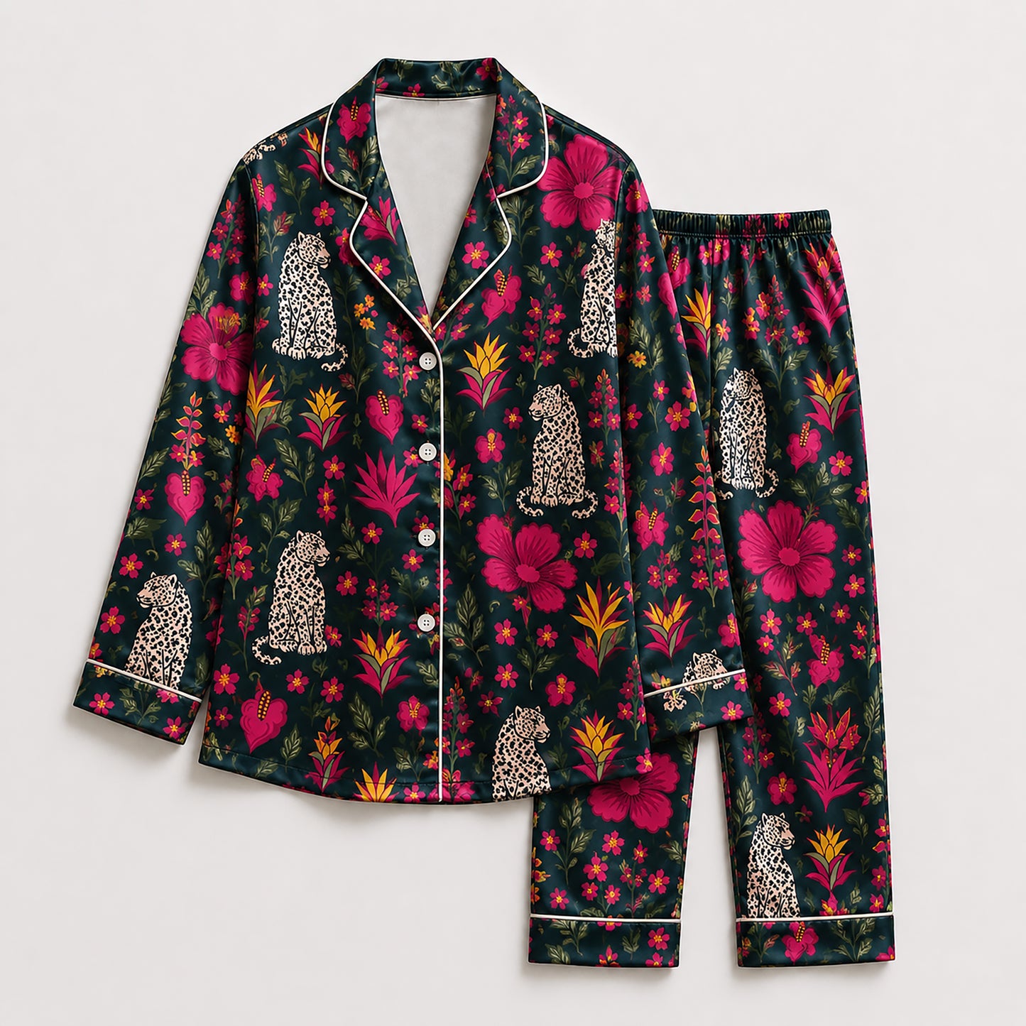 PJ-485-Satin Leopard Pajama Apparel, Floral Botanical Pattern Loungewear Sleepwear Collection Top Bottom Raiment