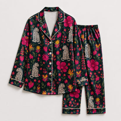 PJ-485-Satin Leopard Pajama Apparel, Floral Botanical Pattern Loungewear Sleepwear Collection Top Bottom Raiment