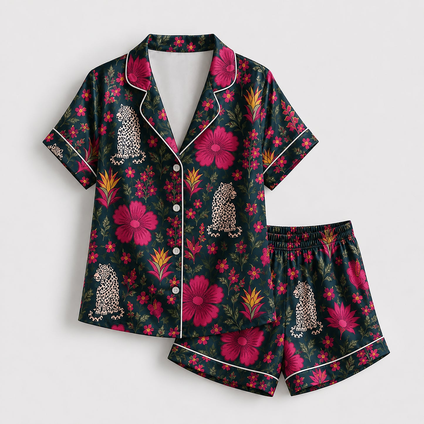 PJ-485-Satin Leopard Pajama Apparel, Floral Botanical Pattern Loungewear Sleepwear Collection Top Bottom Raiment