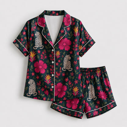 PJ-485-Satin Leopard Pajama Apparel, Floral Botanical Pattern Loungewear Sleepwear Collection Top Bottom Raiment