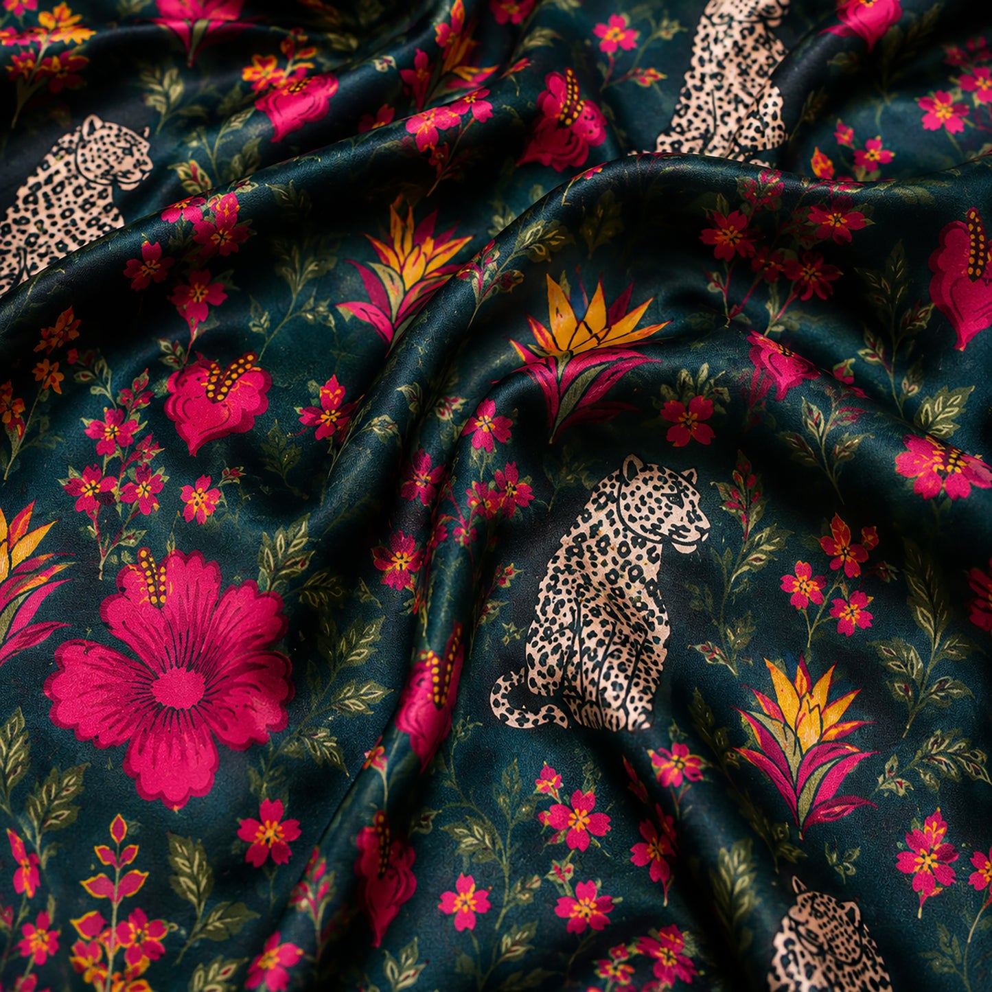 PJ-485-Satin Leopard Pajama Apparel, Floral Botanical Pattern Loungewear Sleepwear Collection Top Bottom Raiment