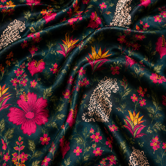 PJ-485-Satin Leopard Pajama Apparel, Floral Botanical Pattern Loungewear Sleepwear Collection Top Bottom Raiment