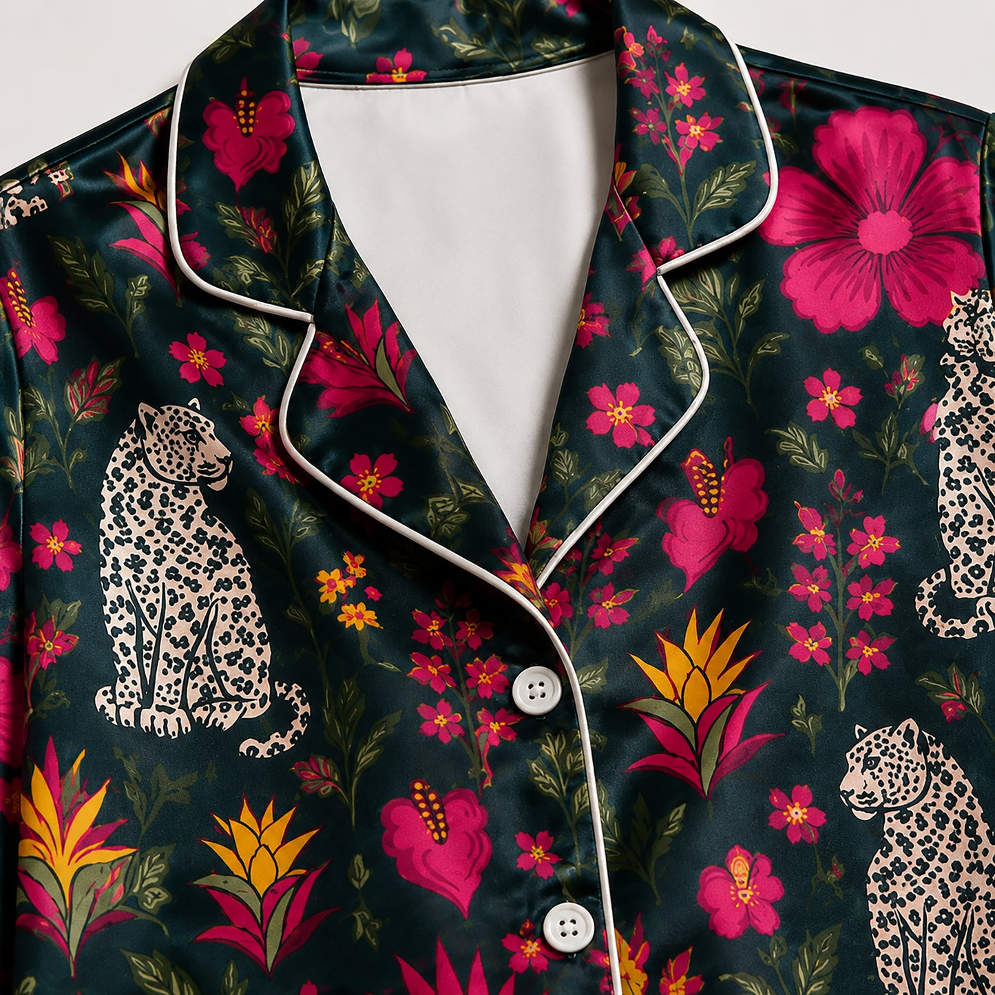 PJ-485-Satin Leopard Pajama Apparel, Floral Botanical Pattern Loungewear Sleepwear Collection Top Bottom Raiment