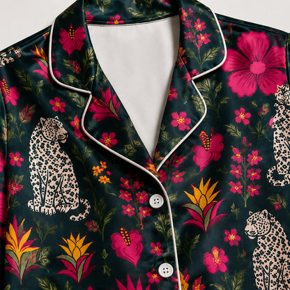 PJ-485-Satin Leopard Pajama Apparel, Floral Botanical Pattern Loungewear Sleepwear Collection Top Bottom Raiment