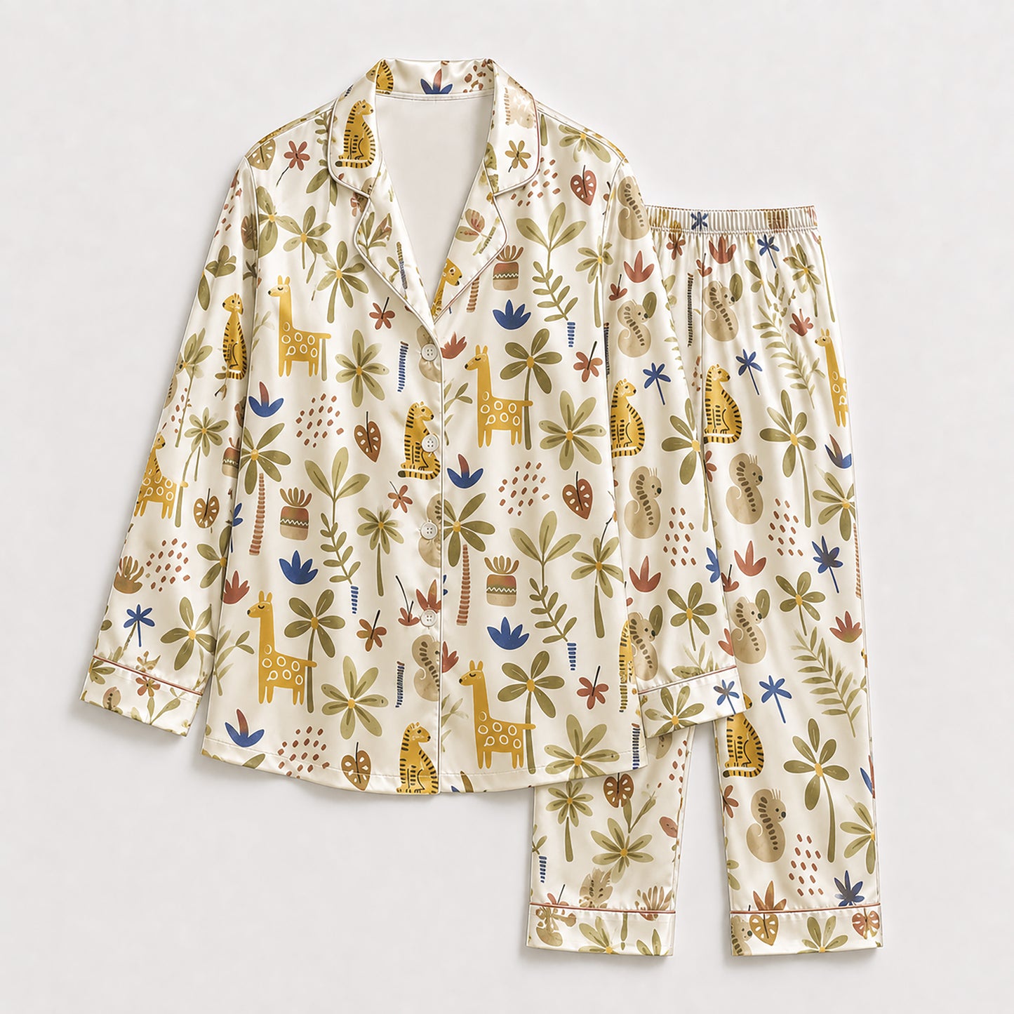 PJ-486-Cream Satin Safari Pajama Apparel, Giraffe Jungle Pattern Loungewear Sleepwear Collection Top Bottom Clothing