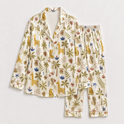 PJ-486-Cream Satin Safari Pajama Apparel, Giraffe Jungle Pattern Loungewear Sleepwear Collection Top Bottom Clothing