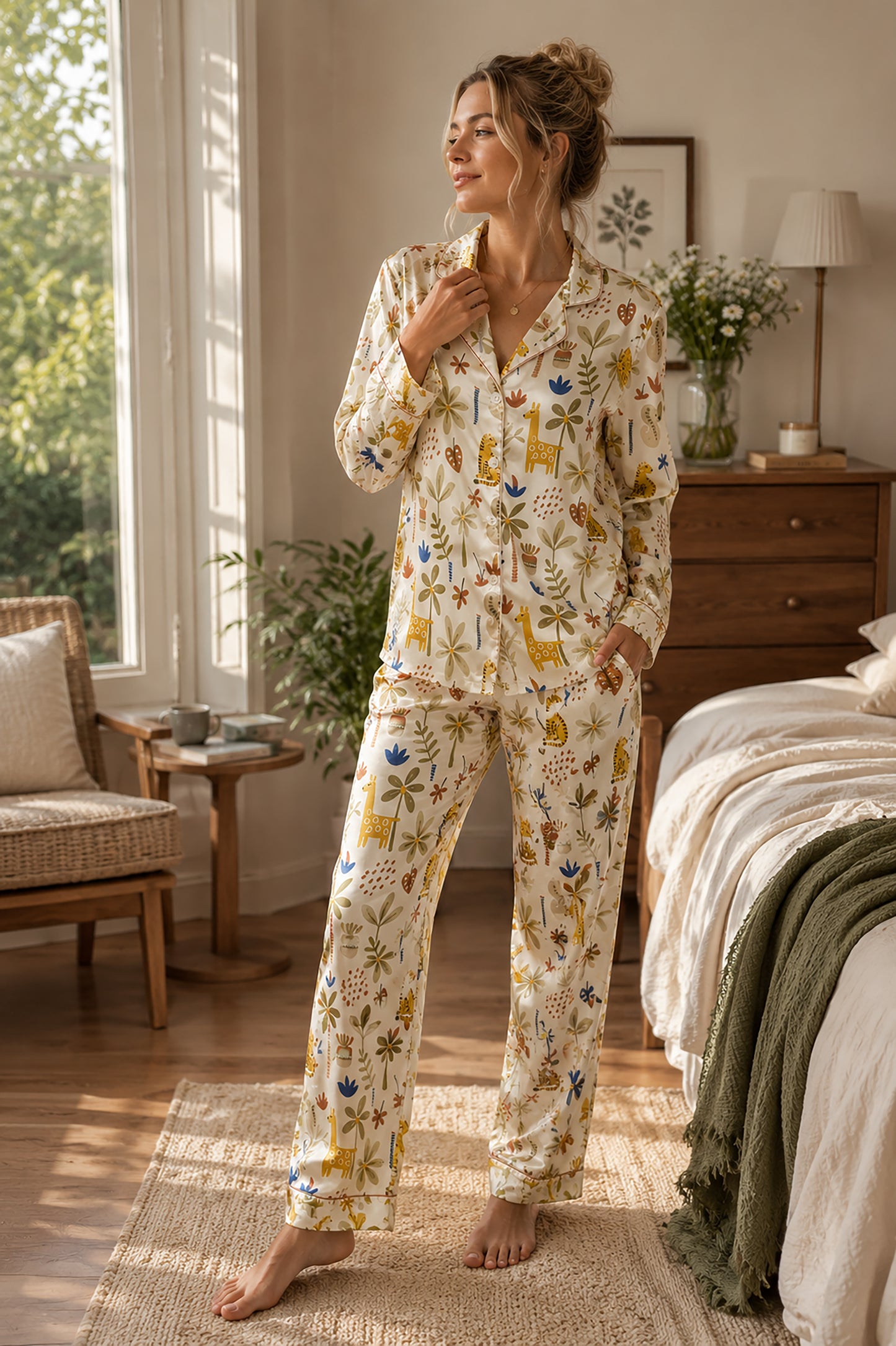 PJ-486-Cream Satin Safari Pajama Apparel, Giraffe Jungle Pattern Loungewear Sleepwear Collection Top Bottom Clothing