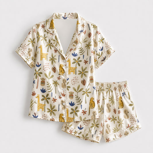 PJ-486-Cream Satin Safari Pajama Apparel, Giraffe Jungle Pattern Loungewear Sleepwear Collection Top Bottom Clothing