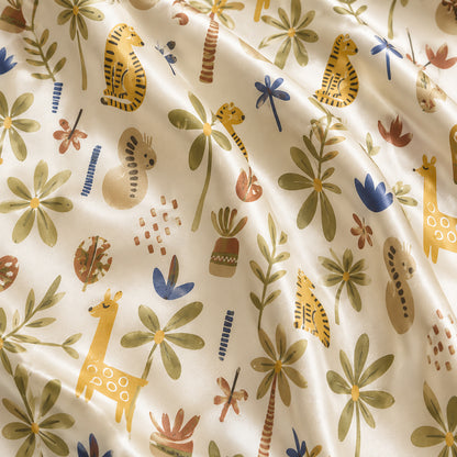 PJ-486-Cream Satin Safari Pajama Apparel, Giraffe Jungle Pattern Loungewear Sleepwear Collection Top Bottom Clothing