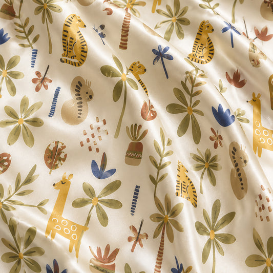 PJ-486-Cream Satin Safari Pajama Apparel, Giraffe Jungle Pattern Loungewear Sleepwear Collection Top Bottom Clothing