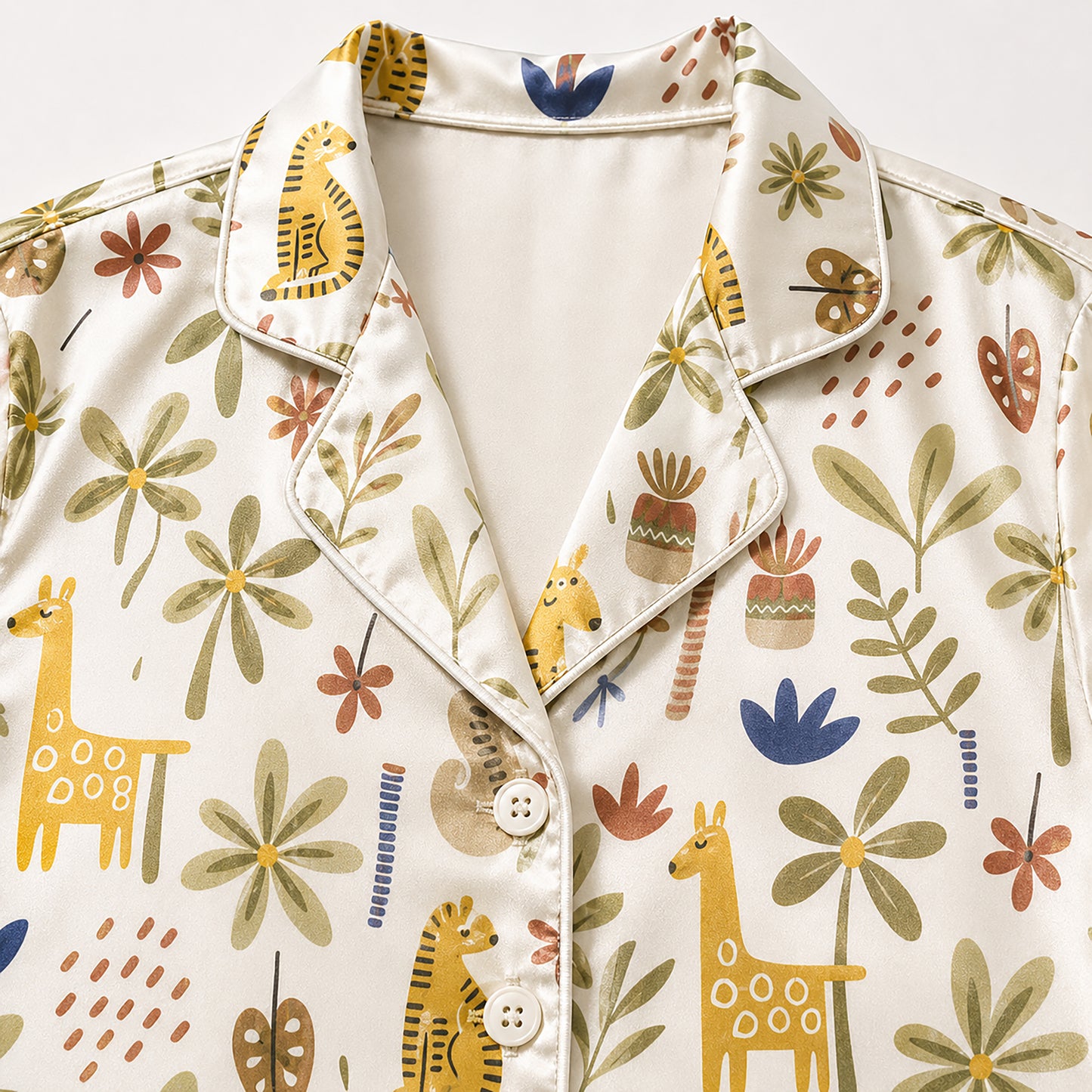 PJ-486-Cream Satin Safari Pajama Apparel, Giraffe Jungle Pattern Loungewear Sleepwear Collection Top Bottom Clothing