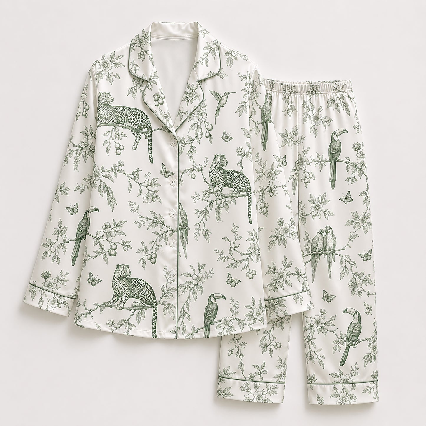 PJ-487-Green Satin Toile Pajama Apparel, Jungle Animal Pattern Loungewear Sleepwear Collection Top Bottom Clothing