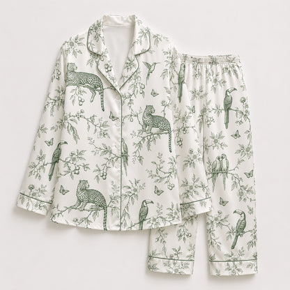 PJ-487-Green Satin Toile Pajama Apparel, Jungle Animal Pattern Loungewear Sleepwear Collection Top Bottom Clothing