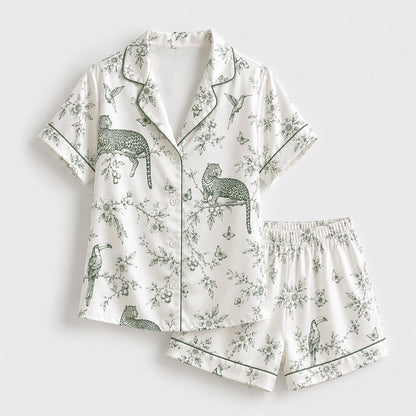 PJ-487-Green Satin Toile Pajama Apparel, Jungle Animal Pattern Loungewear Sleepwear Collection Top Bottom Clothing