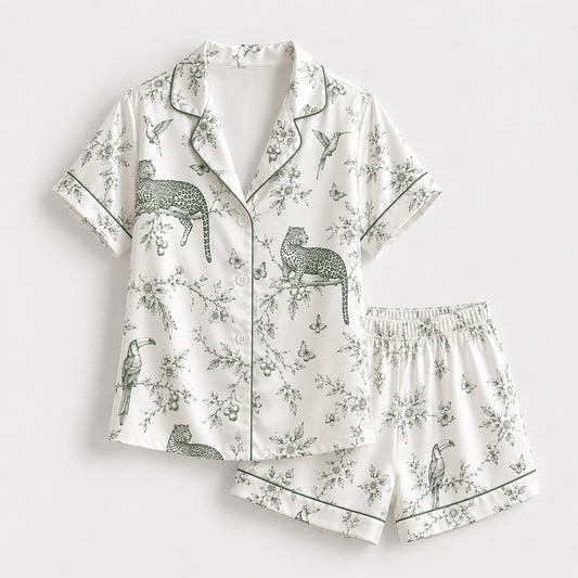 PJ-487-Green Satin Toile Pajama Apparel, Jungle Animal Pattern Loungewear Sleepwear Collection Top Bottom Clothing