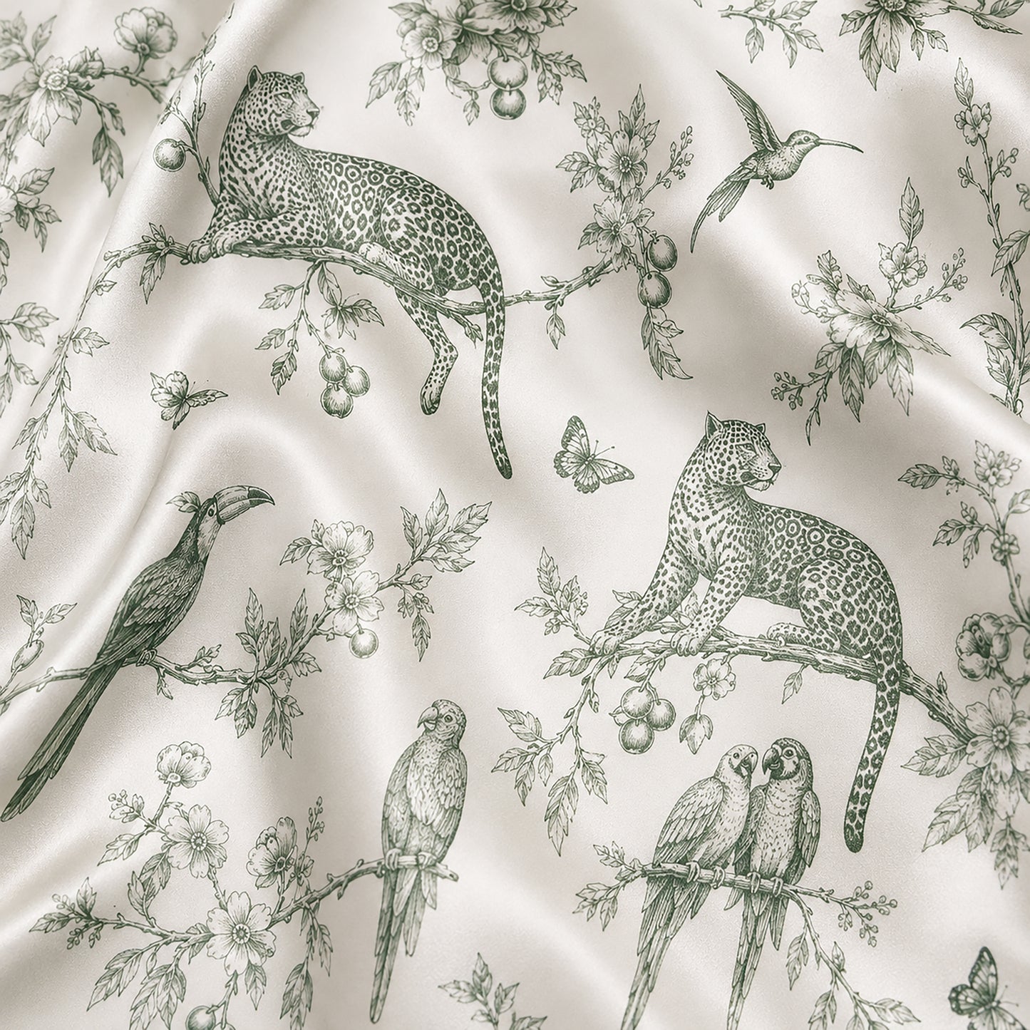 PJ-487-Green Satin Toile Pajama Apparel, Jungle Animal Pattern Loungewear Sleepwear Collection Top Bottom Clothing