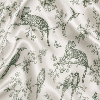 PJ-487-Green Satin Toile Pajama Apparel, Jungle Animal Pattern Loungewear Sleepwear Collection Top Bottom Clothing