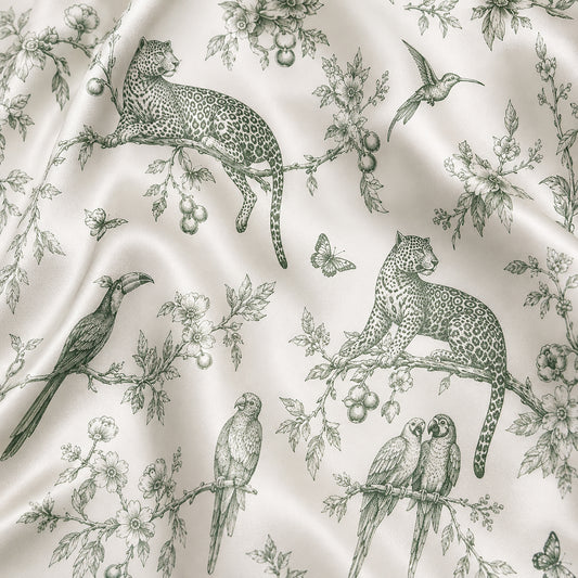 PJ-487-Green Satin Toile Pajama Apparel, Jungle Animal Pattern Loungewear Sleepwear Collection Top Bottom Clothing