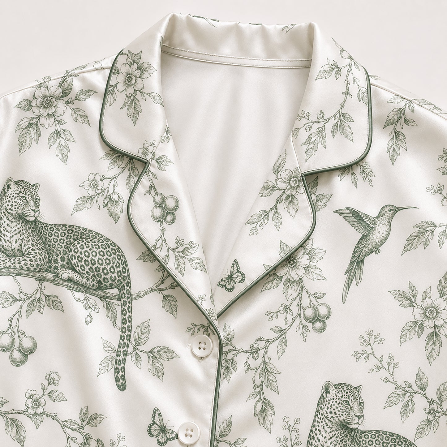 PJ-487-Green Satin Toile Pajama Apparel, Jungle Animal Pattern Loungewear Sleepwear Collection Top Bottom Clothing