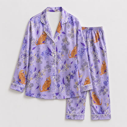 PJ-488-Purple Satin Tiger Pajama Apparel, Floral Botanical Pattern Loungewear Sleepwear Collection Top Bottom Clothing