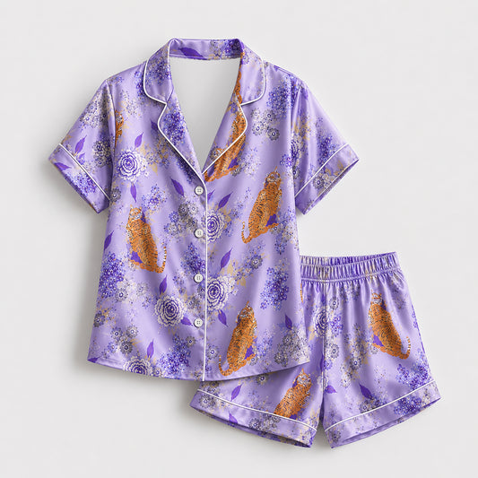 PJ-488-Purple Satin Tiger Pajama Apparel, Floral Botanical Pattern Loungewear Sleepwear Collection Top Bottom Clothing