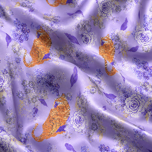 PJ-488-Purple Satin Tiger Pajama Apparel, Floral Botanical Pattern Loungewear Sleepwear Collection Top Bottom Clothing