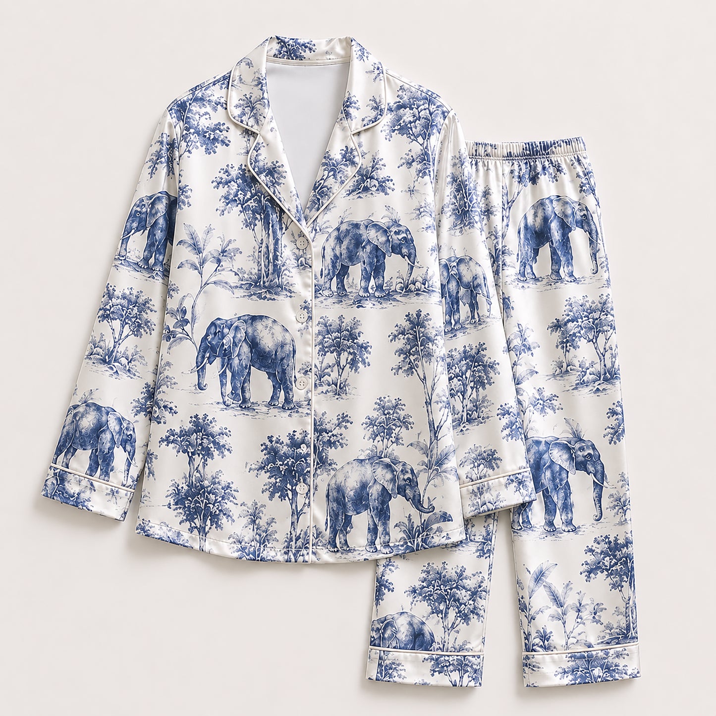 PJ-489-Satin Graphic Pajama Apparel, Elegant Safari Layout Loungewear Sleepwear Collection Top Bottom Garments