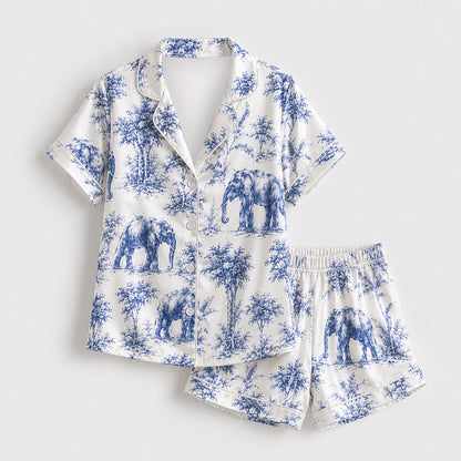 PJ-489-Satin Graphic Pajama Apparel, Elegant Safari Layout Loungewear Sleepwear Collection Top Bottom Garments