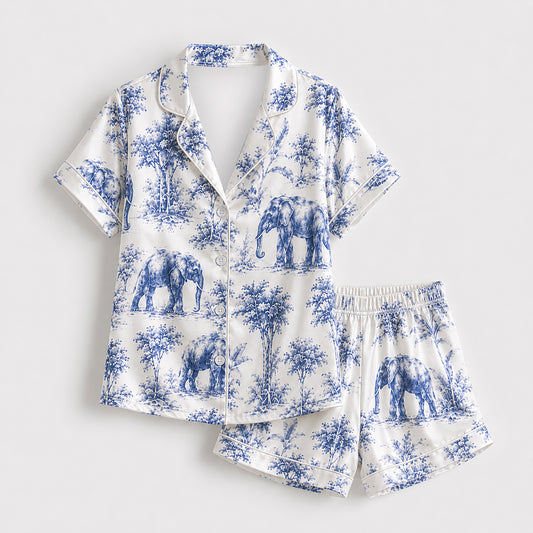 PJ-489-Satin Graphic Pajama Apparel, Elegant Safari Layout Loungewear Sleepwear Collection Top Bottom Garments