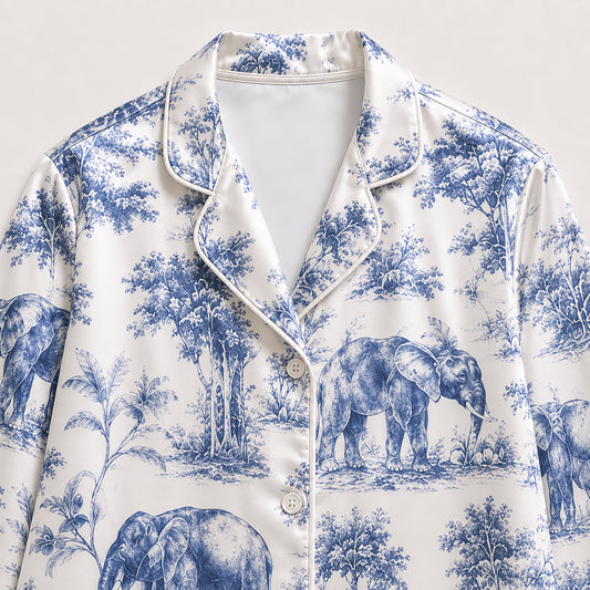 PJ-489-Satin Graphic Pajama Apparel, Elegant Safari Layout Loungewear Sleepwear Collection Top Bottom Garments