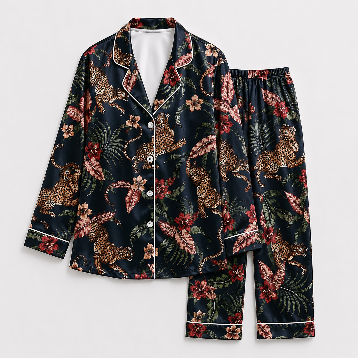 PJ-490-Dark Satin Leopard Pajama Apparel, Tropical Floral Pattern Loungewear Sleepwear Collection Top Bottom Clothing