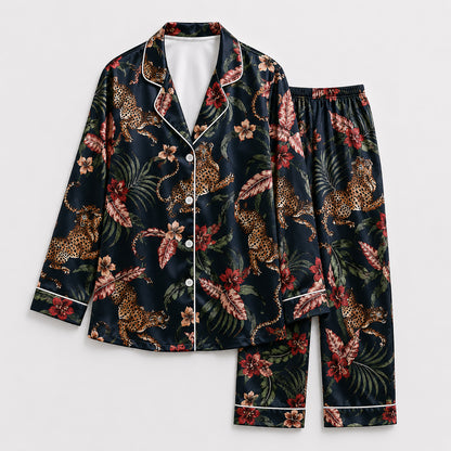 PJ-490-Dark Satin Leopard Pajama Apparel, Tropical Floral Pattern Loungewear Sleepwear Collection Top Bottom Clothing