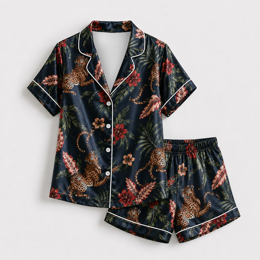 PJ-490-Dark Satin Leopard Pajama Apparel, Tropical Floral Pattern Loungewear Sleepwear Collection Top Bottom Clothing