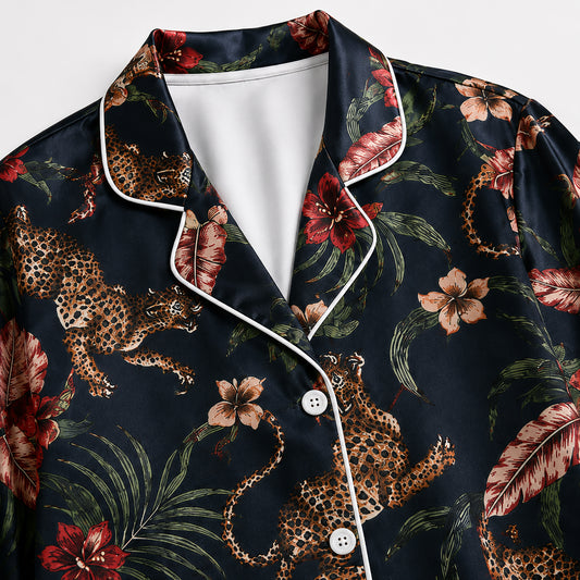 PJ-490-Dark Satin Leopard Pajama Apparel, Tropical Floral Pattern Loungewear Sleepwear Collection Top Bottom Clothing