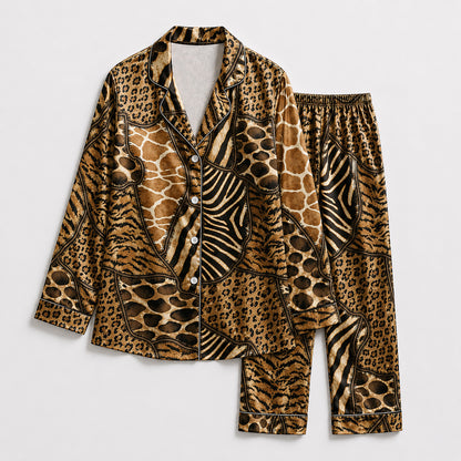 PJ-492-Wild Mixed Animal Print Satin Two Piece Pajama Set Sleepwear For Women Loungewear