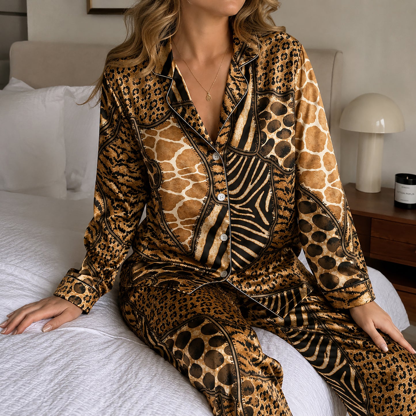 PJ-492-Wild Mixed Animal Print Satin Two Piece Pajama Set Sleepwear For Women Loungewear