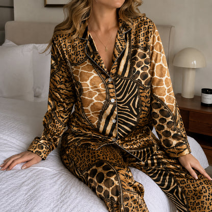 PJ-492-Wild Mixed Animal Print Satin Two Piece Pajama Set Sleepwear For Women Loungewear