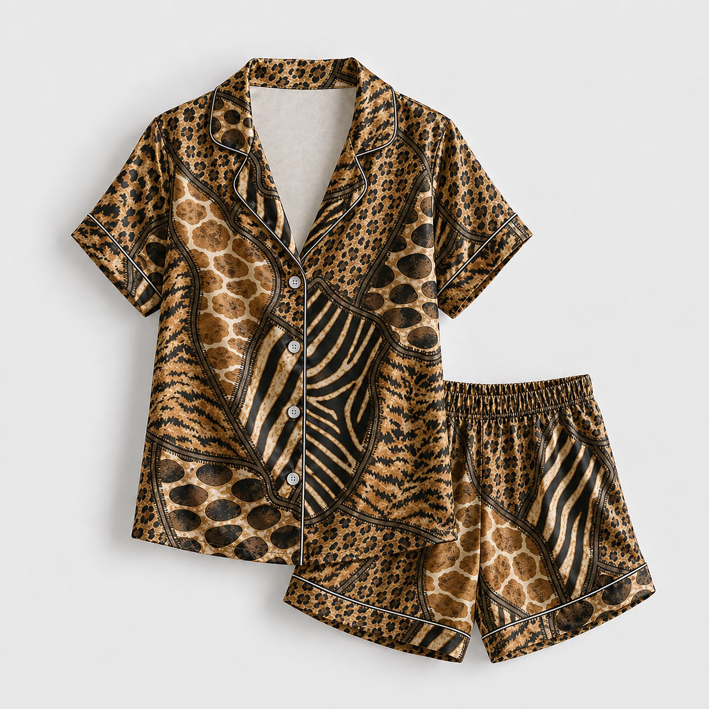 PJ-492-Wild Mixed Animal Print Satin Two Piece Pajama Set Sleepwear For Women Loungewear