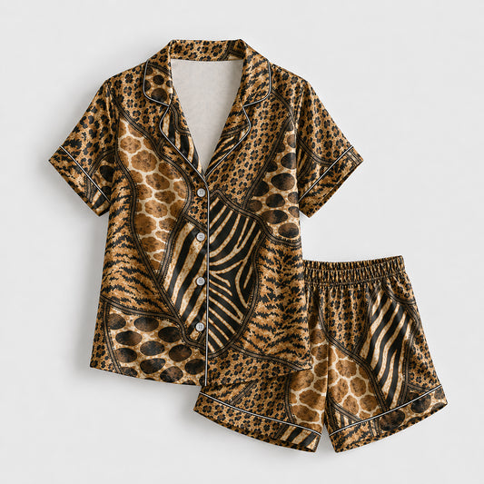 PJ-492-Wild Mixed Animal Print Satin Two Piece Pajama Set Sleepwear For Women Loungewear