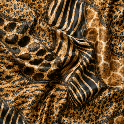 PJ-492-Wild Mixed Animal Print Satin Two Piece Pajama Set Sleepwear For Women Loungewear