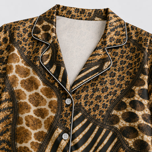 PJ-492-Wild Mixed Animal Print Satin Two Piece Pajama Set Sleepwear For Women Loungewear