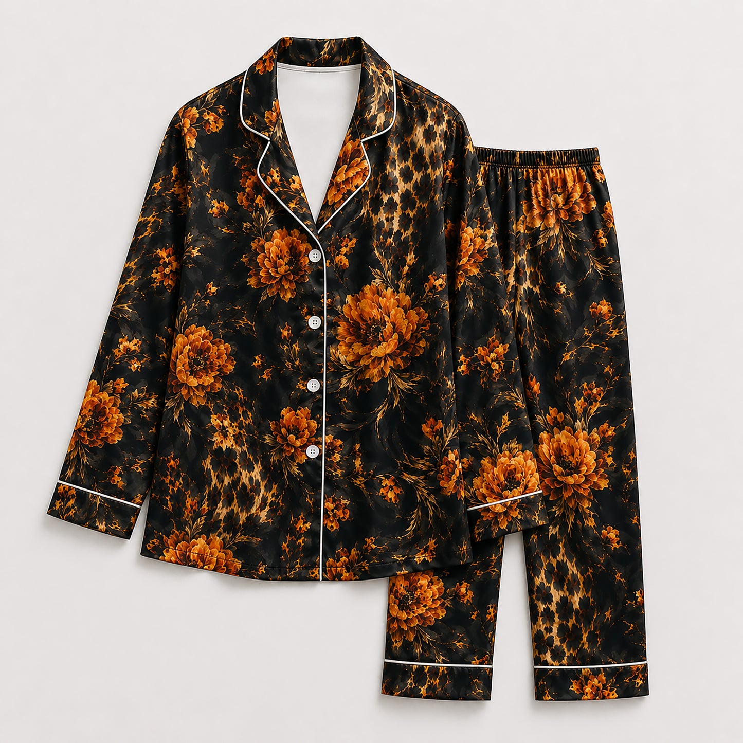 PJ-493-Elegant Dark Floral Leopard Print Satin Pajama Set Two Piece Sleepwear For Women Loungewear