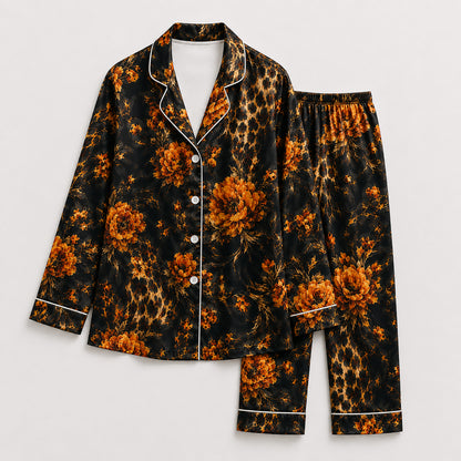 PJ-493-Elegant Dark Floral Leopard Print Satin Pajama Set Two Piece Sleepwear For Women Loungewear