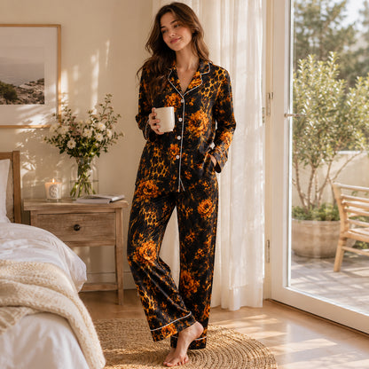 PJ-493-Elegant Dark Floral Leopard Print Satin Pajama Set Two Piece Sleepwear For Women Loungewear