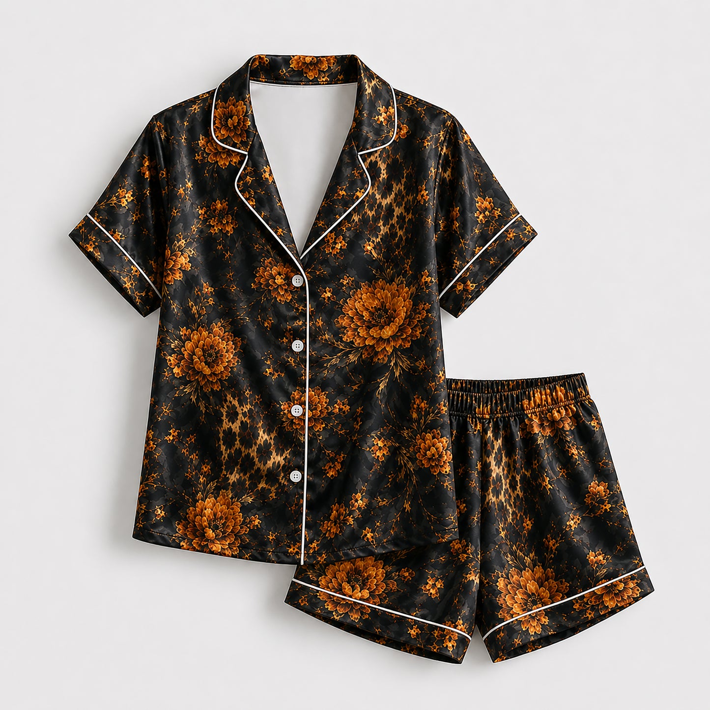 PJ-493-Elegant Dark Floral Leopard Print Satin Pajama Set Two Piece Sleepwear For Women Loungewear